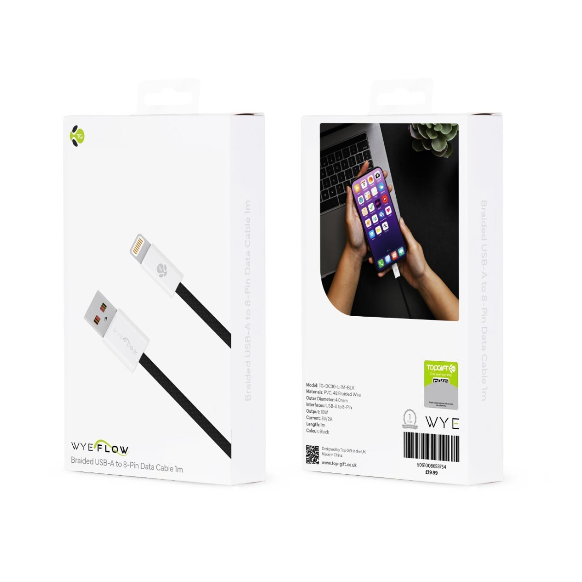 WYEFLOW Braided USB-A to 8-Pin Data Cable 1m – 10W Charging & Sync Lead, Black