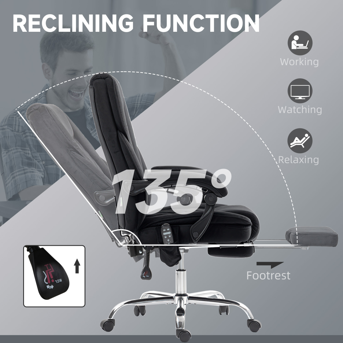 Heated Massage Office Chair with Footrest, Remote & 135° Recline – Home Office Relaxation Chair, Black Velvet