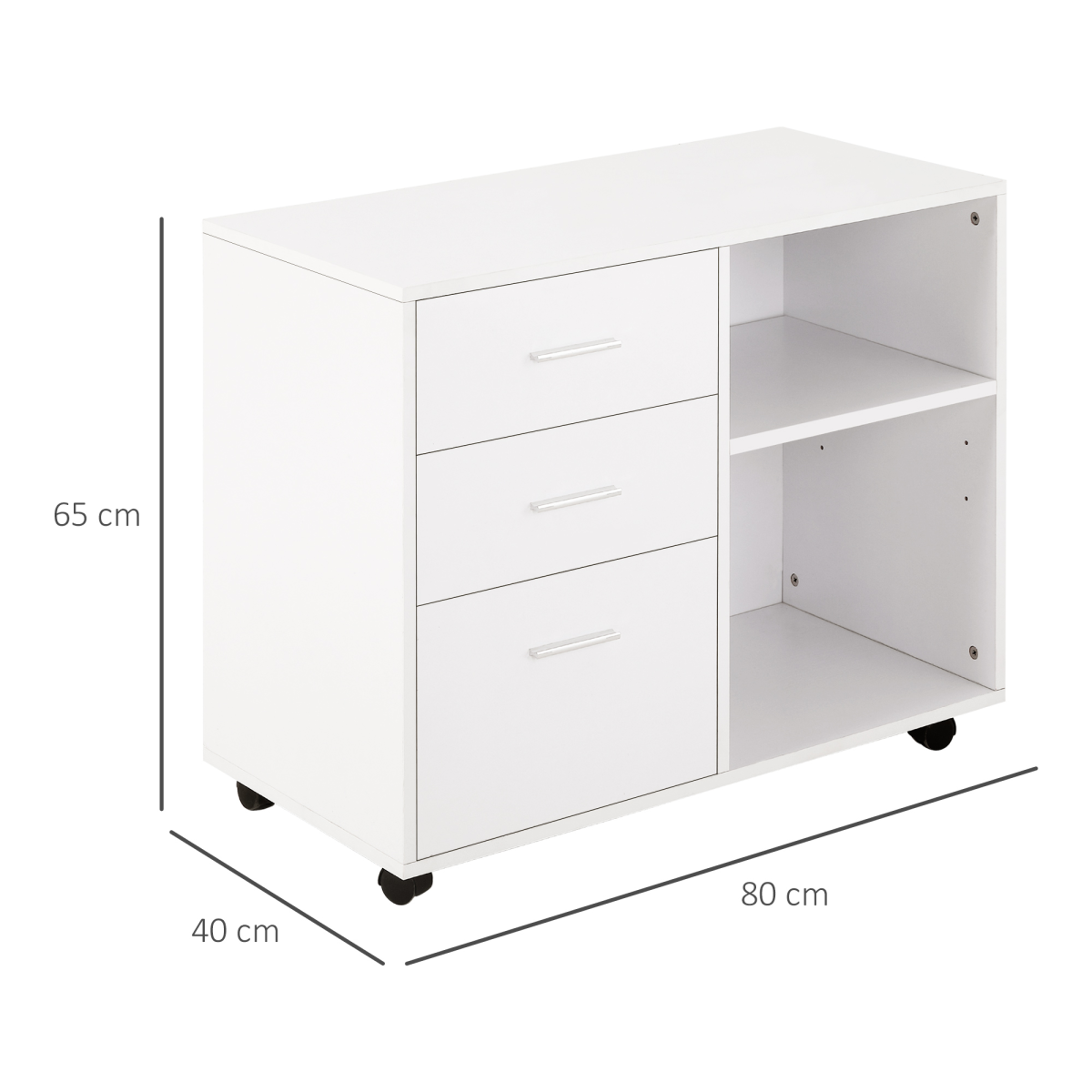 Freestanding Mobile Storage Cabinet with 3 Drawers, 2 Open Shelves & Wheels – Home Office Organiser, White