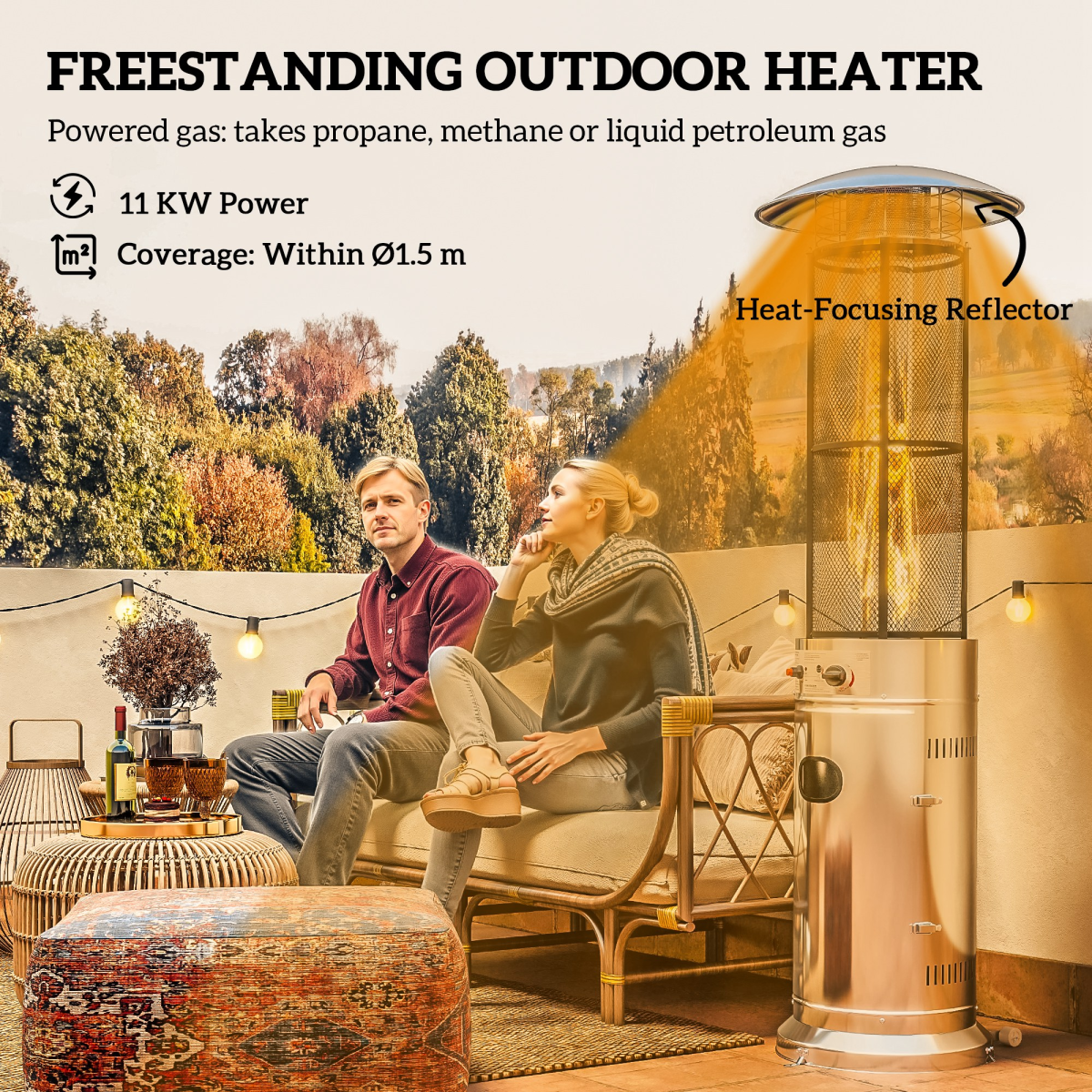 Outsunny 11 KW Gas Patio Heater with Tip-Over Switch, Pulse Ignition & Wheels – Propane, Silver