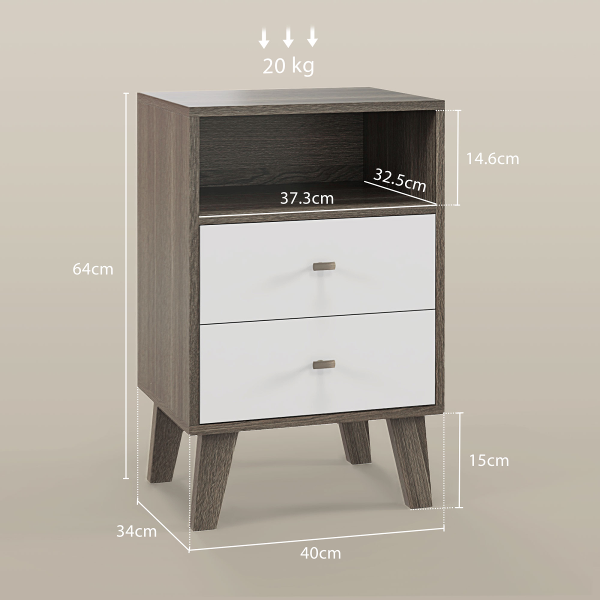 HOMCOM Modern Bedside Tables Set of 2 with 2 Drawers & Open Cubby – Scandinavian-Industrial Nightstands