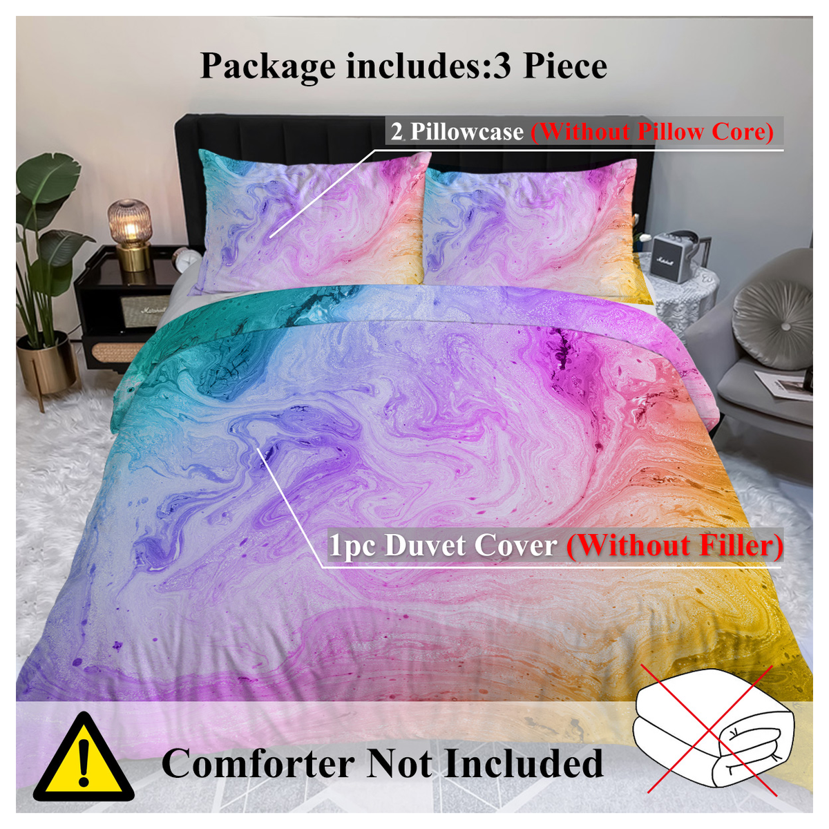 Rainbow Glitter Ombre Duvet Cover Set with 2 Pillow Shams – Unicorn Pastel Single Bedding
