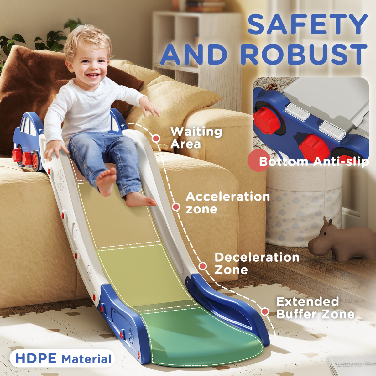 Kids Indoor Slide with Buffer Segment, HDPE Slide for Sofas & Beds – Ages 18-48 Months, Blue