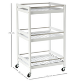 HOMCOM Pine Wood 3-Tier Kitchen Trolley with Four Wheels & Steel Handle – Storage Serving Cart, White