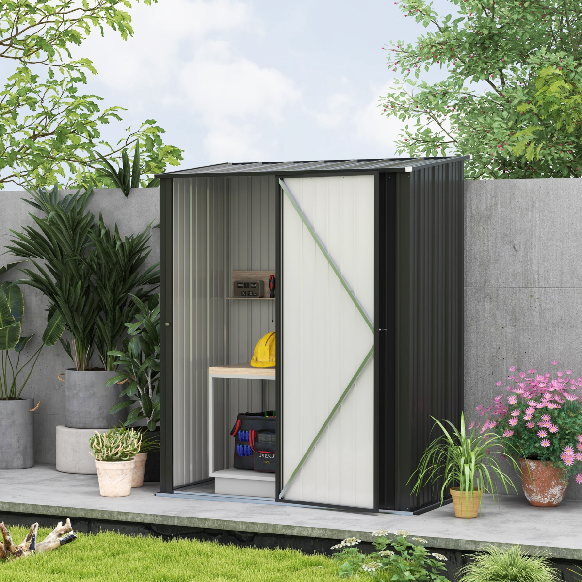 Metal Garden Shed with Lockable Door & Sloped Roof – Galvanised Steel Tool Storage, 161.5 x 94.5cm, Black