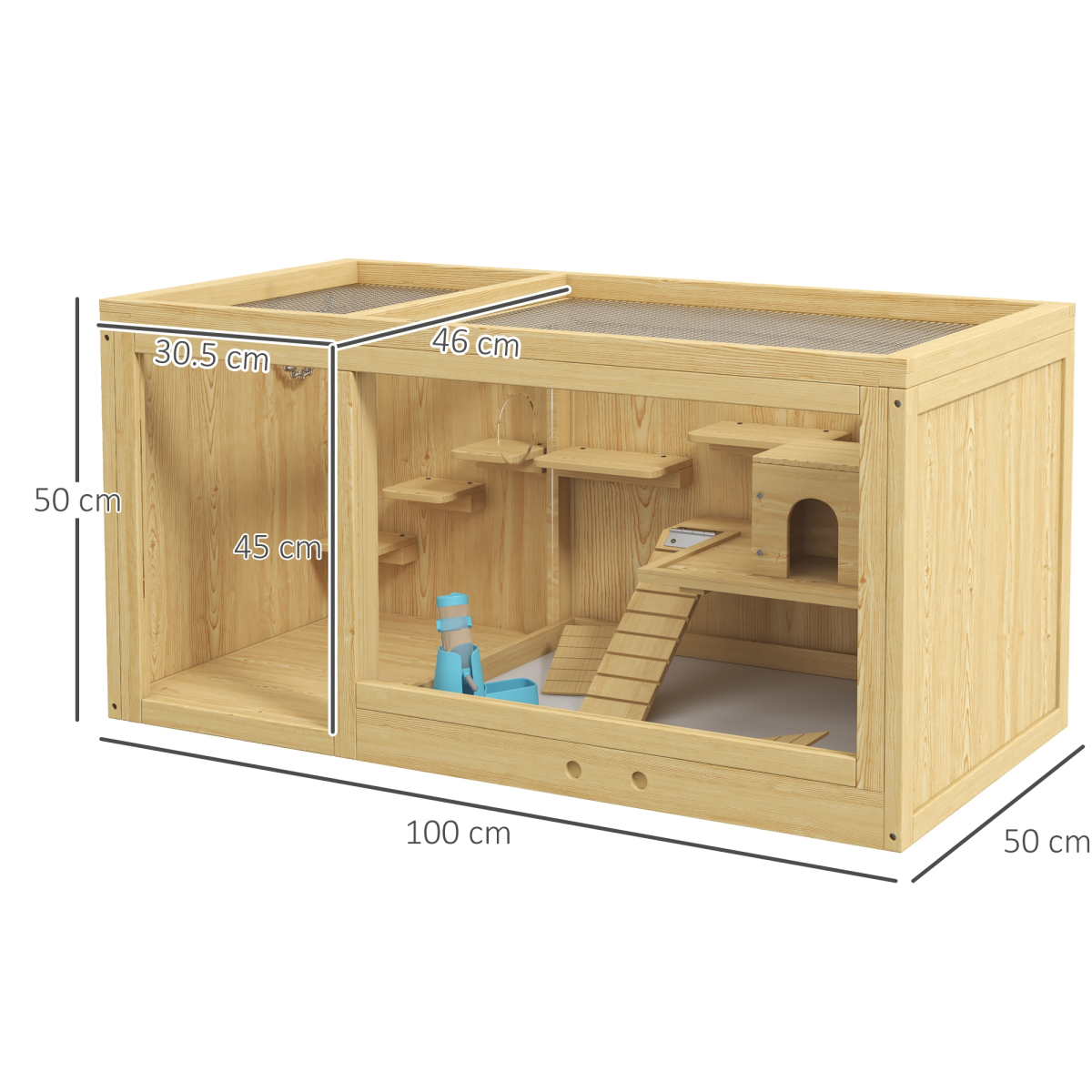 PawHut Wooden Hamster Cage with Water Bottle, Platforms, Seesaw & Openable Roof – Dwarf Hamster Habitat