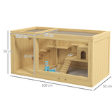 PawHut Wooden Hamster Cage with Water Bottle, Platforms, Seesaw & Openable Roof – Dwarf Hamster Habitat
