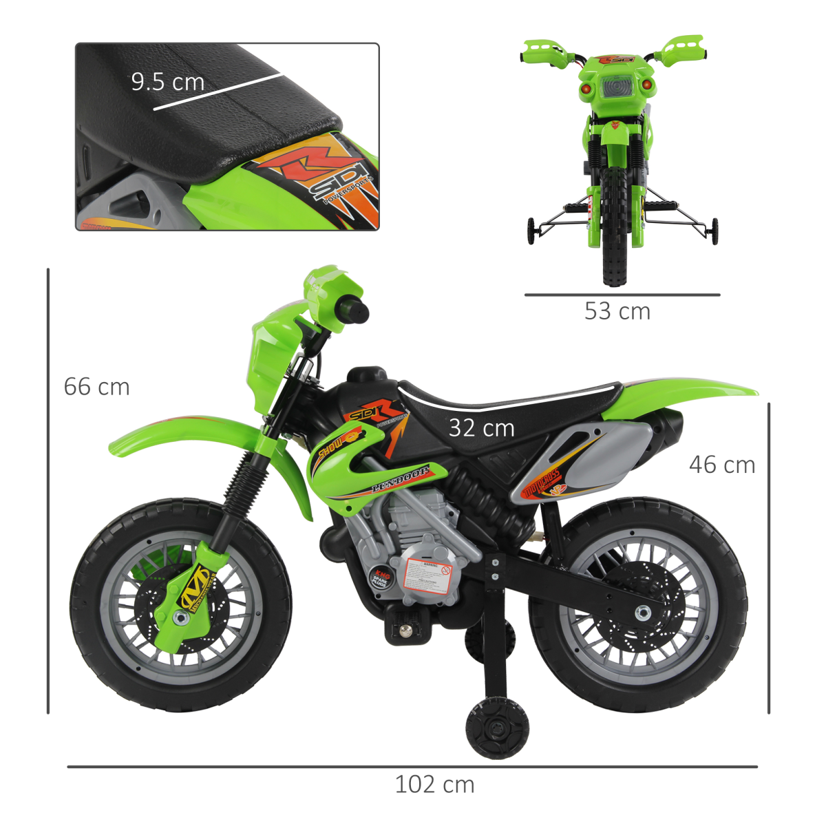 Kids 6V Electric Ride-On Motorbike with Headlights, Music and Horn – Motocross Style for Ages 3–6, Green