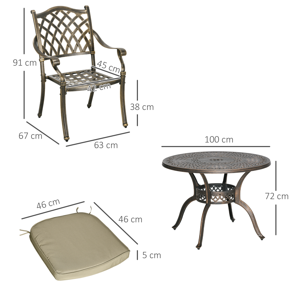 Outsunny 4-Seater Round Garden Dining Set with Cushions & Parasol Hole – Cast Aluminium Outdoor Furniture, Bronze