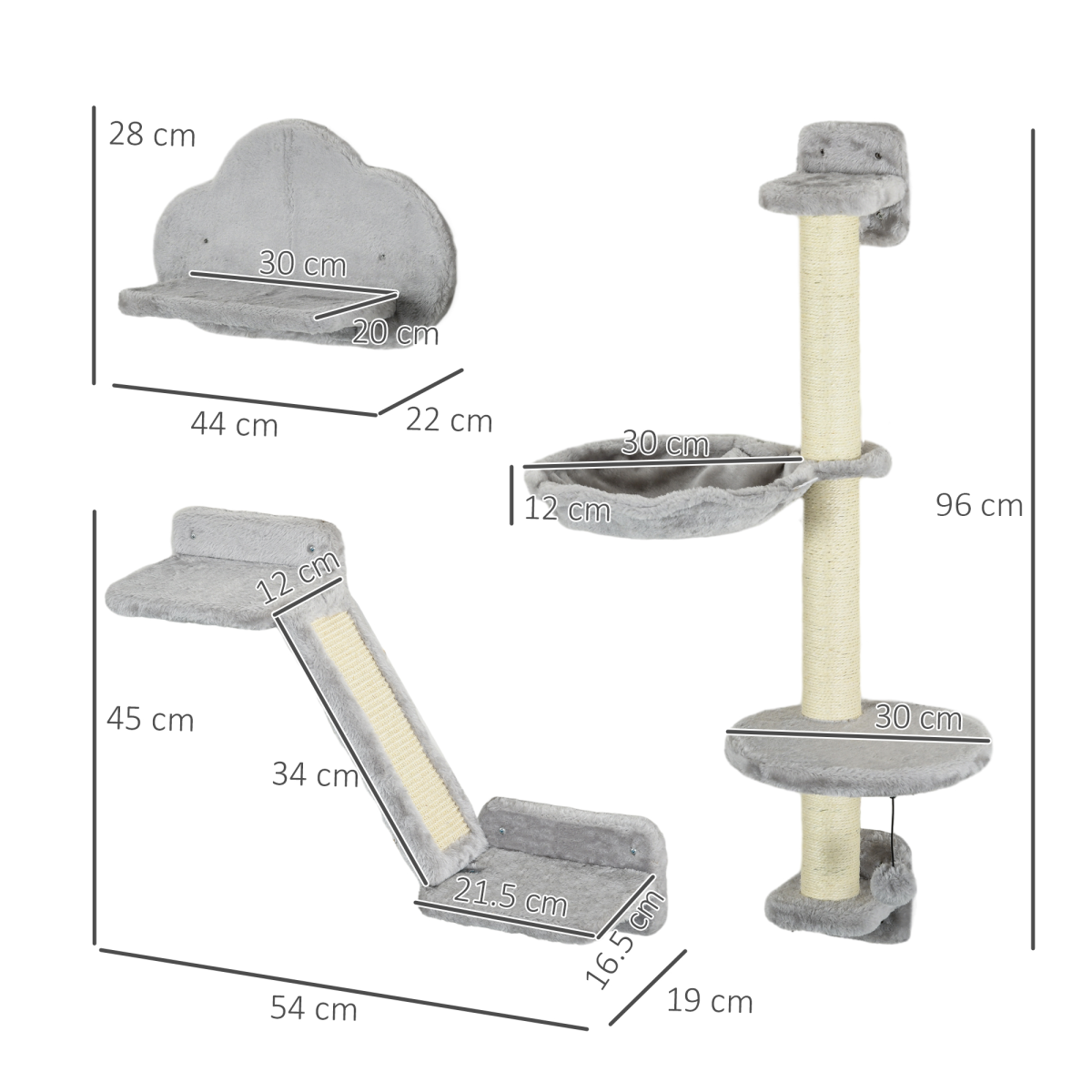 PawHut Cat Wall Furniture with Hammock, Platforms, Ladder and Scratching Post – Wall-Mounted Cat Climbing Set, Grey