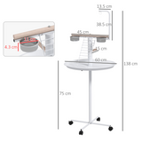 PawHut Bird Table with Four Wheels, Perches and Stainless Steel Bowls – Small Parrot Stand, White