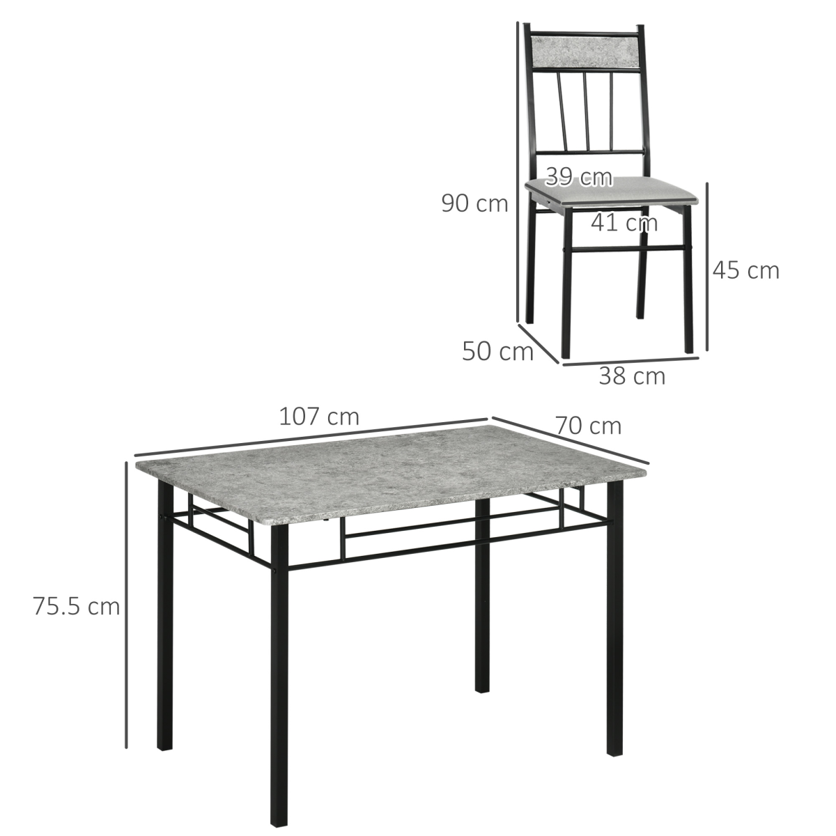 HOMCOM 5 Piece Dining Set with Marble-Effect Table & 4 Padded Chairs – Kitchen Table and Chairs, Light Grey & Black