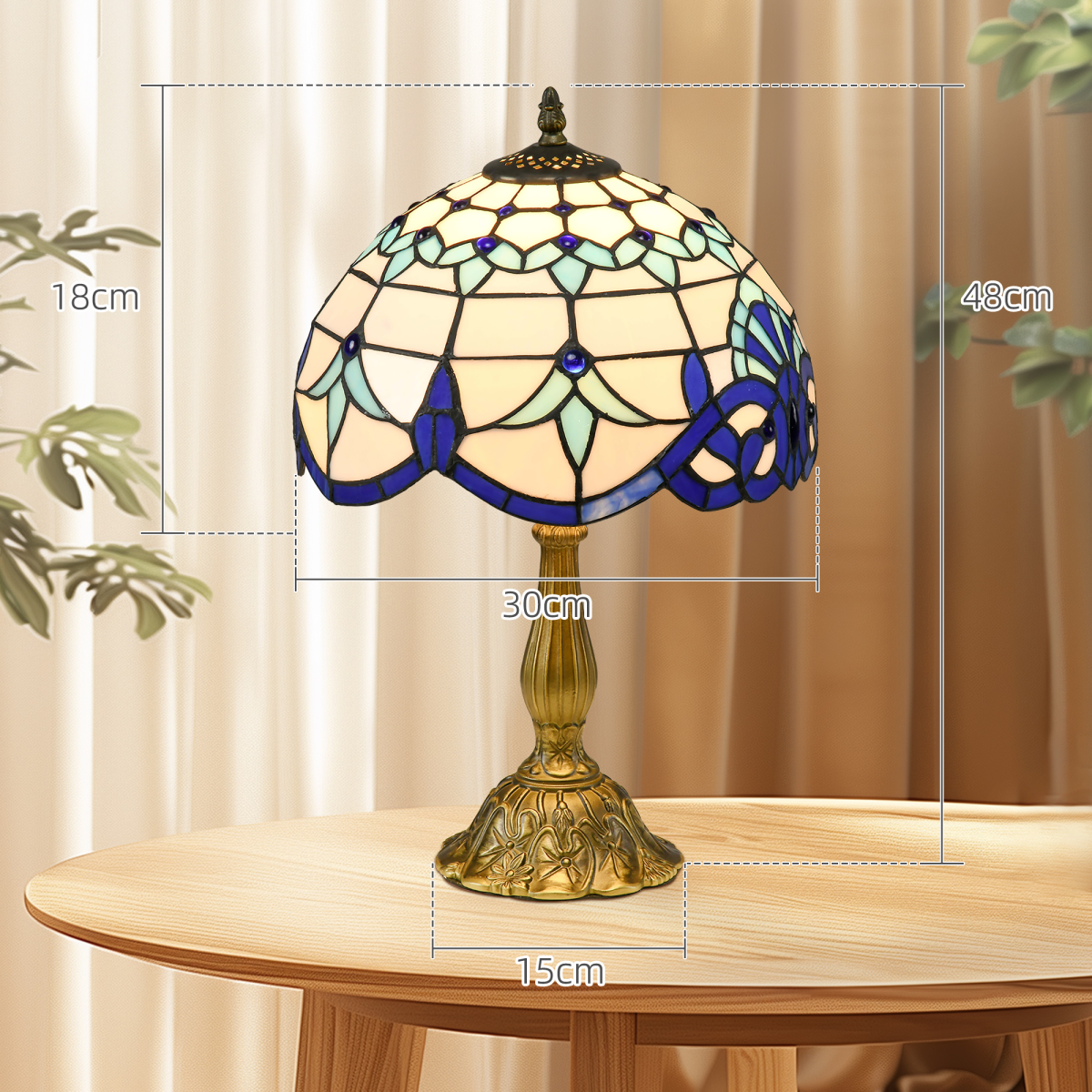 HOMCOM Stained Glass Table Lamp with E27 Fitting – Handcrafted Bedside Lamp for Bedroom, Blue and White