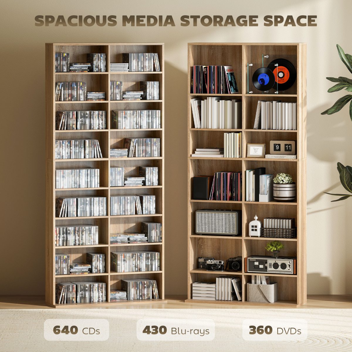 HOMCOM CD & DVD Storage Tower with 18 Compartments – Holds 640 CDs or 360 DVDs, Natural Wood Finish