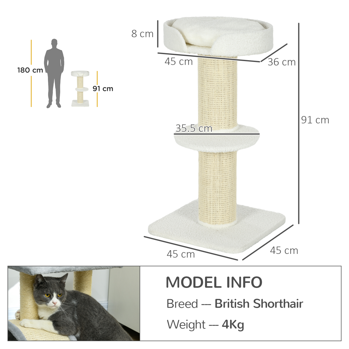PawHut 2 Tier Cat Tree with Top Basket Cushion and Sisal Scratching Post – Cat Resting Tower, Cream White