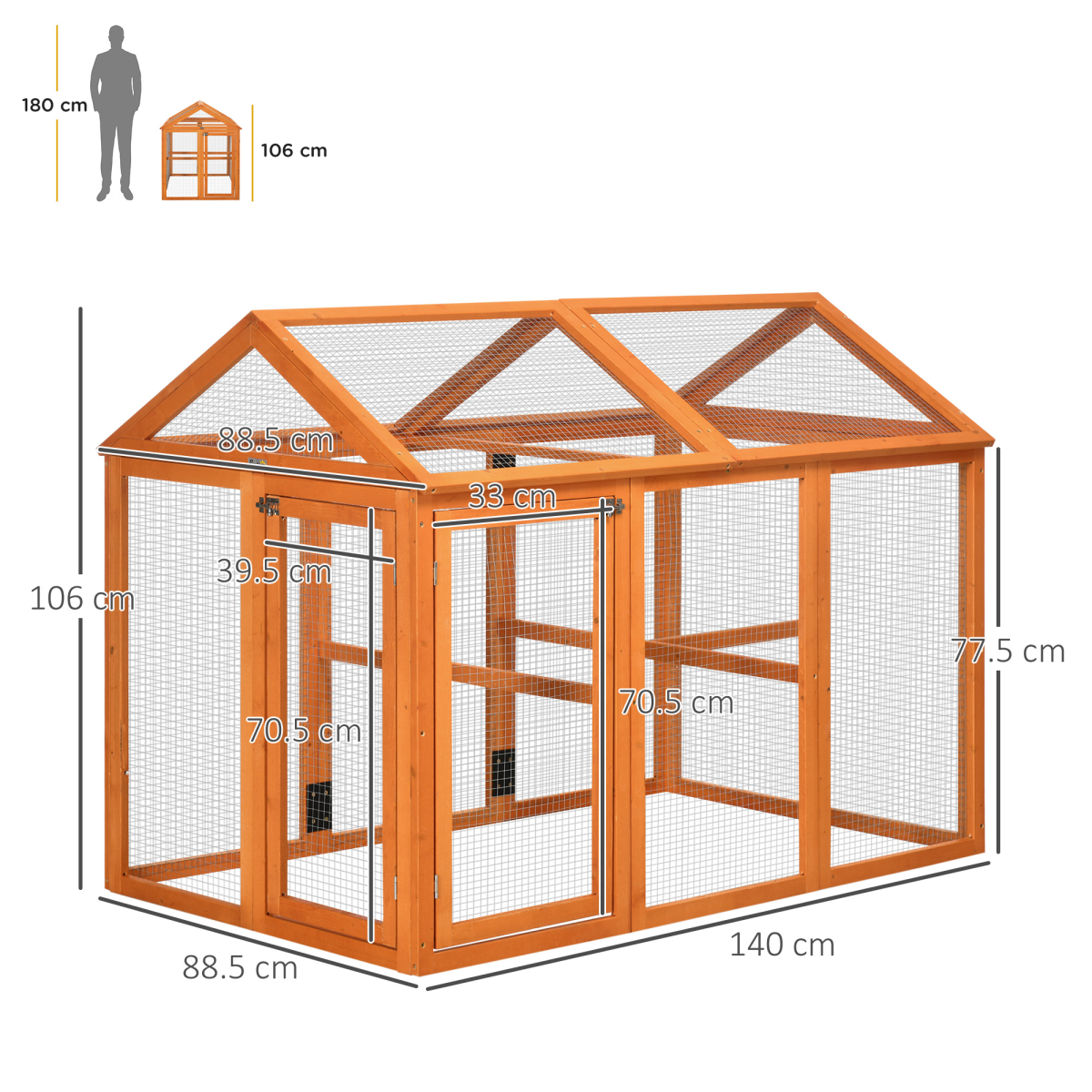 PawHut Wooden Chicken Run with Multiple Doors & Combinable Design – Spacious Coop for 3–6 Chickens, Orange