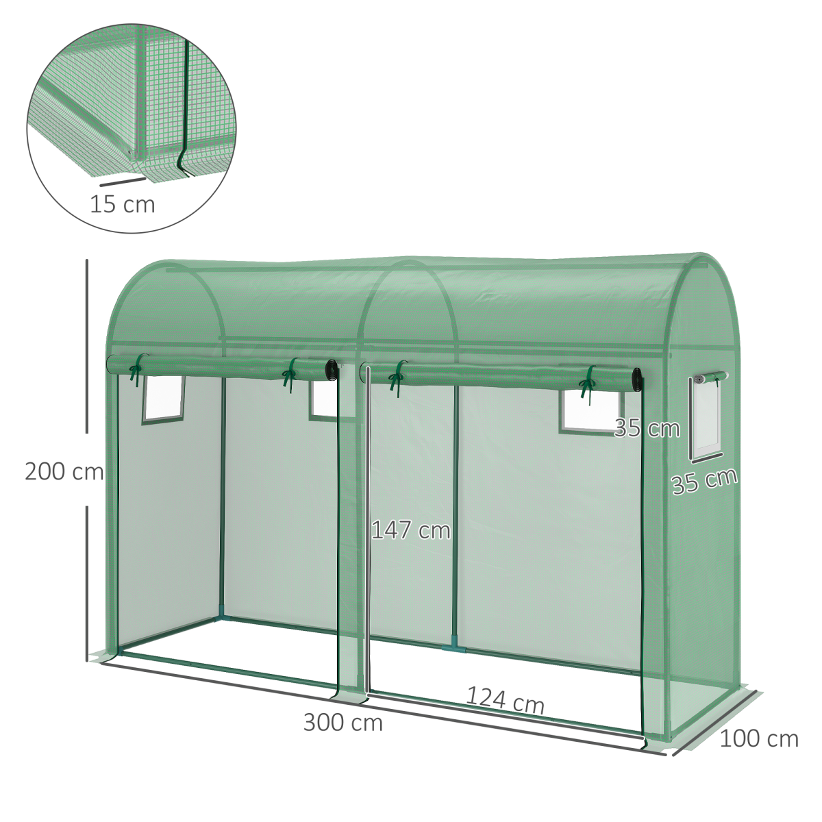 Outsunny Walk-In Greenhouse with 2 Roll-Up Doors & 4 Windows – 3 x 1 x 2m Steel Frame Plant Growing Tunnel