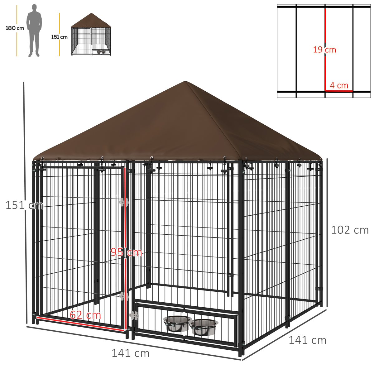 PawHut Outdoor Dog House Kennel with Canopy Top & Secure Lock, Rotating Bowl Holder – Black and Brown