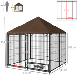 PawHut Outdoor Dog House Kennel with Canopy Top & Secure Lock, Rotating Bowl Holder – Black and Brown