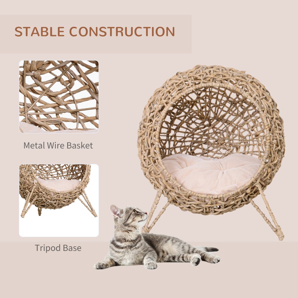 PawHut Rattan Elevated Cat House with Cushion – Hand-Woven Kitten Bed Pet Furniture, Natural