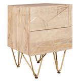 Light Gold Metal Inlay 2-Drawer Side Table in Solid Wood – Retro Angled Legs, Lamp & Bedside Table