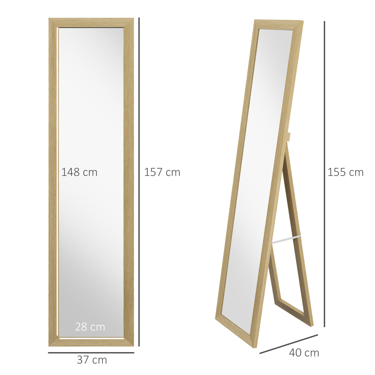 HOMCOM Farmhouse Full Length Mirror – Wall Hanging or Freestanding Dressing Mirror, Wood Effect Frame