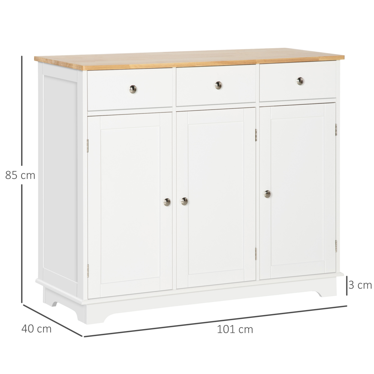 HOMCOM White Sideboard with Natural Rubberwood Top, 3 Drawers & Adjustable Shelves – Storage Cabinet