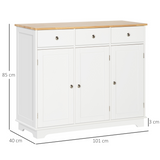HOMCOM White Sideboard with Natural Rubberwood Top, 3 Drawers & Adjustable Shelves – Storage Cabinet