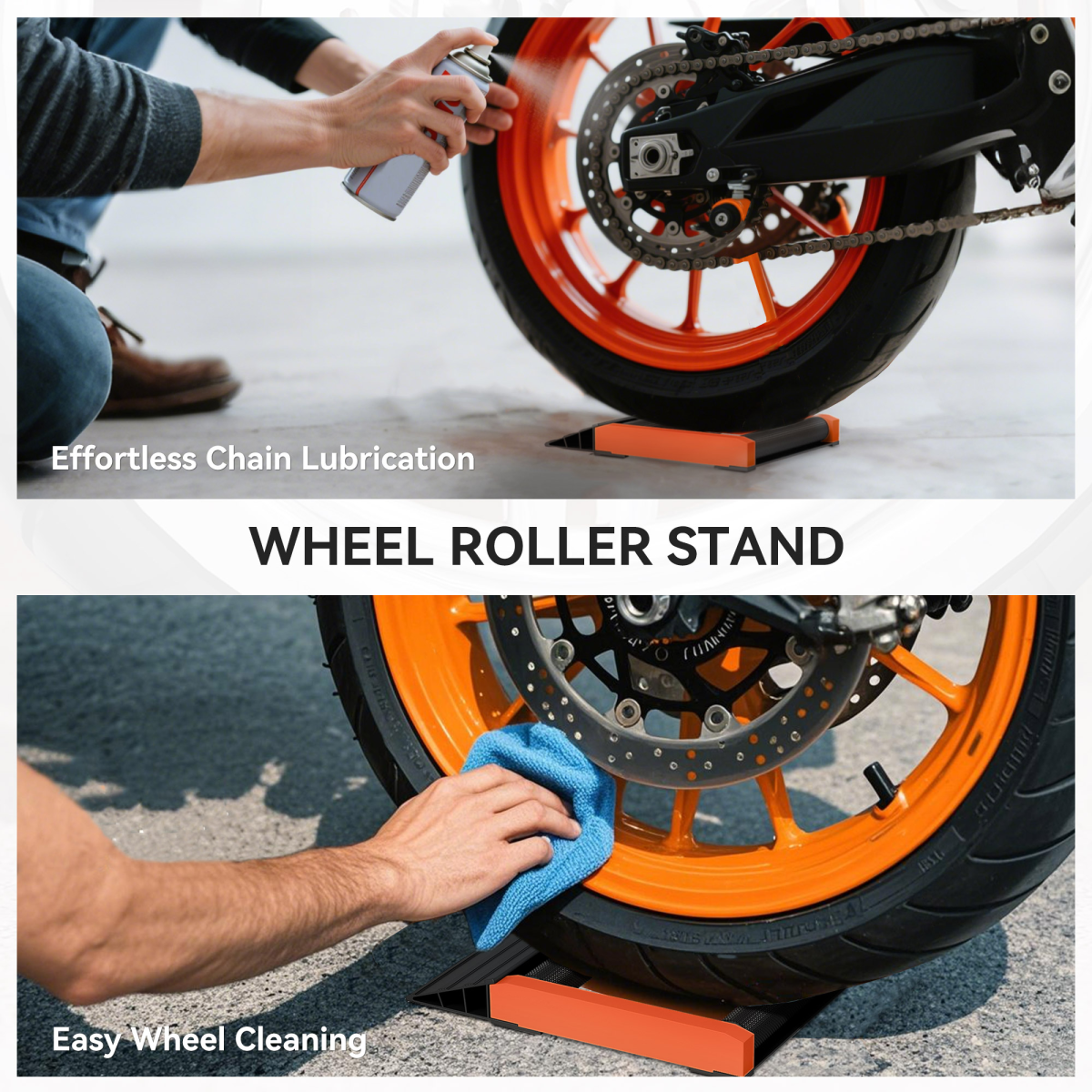 HOMCOM Motorcycle Wheel Roller Stand with Ramp – Aluminium Tyre Cleaning & Chain Lubrication Stand, 227kg Capacity