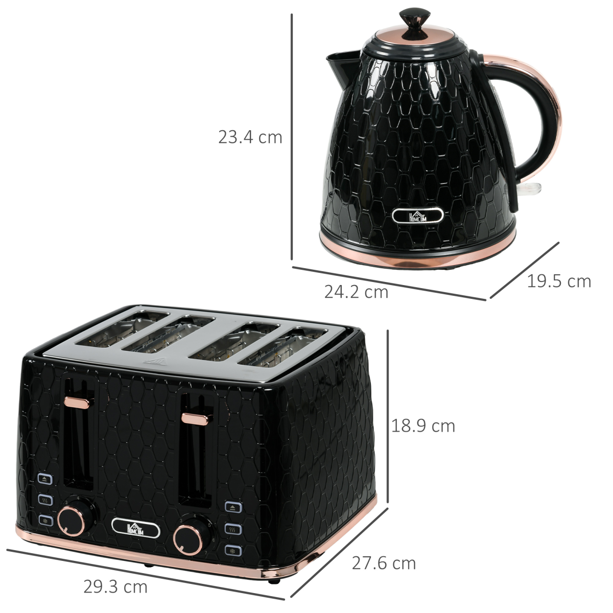 HOMCOM 1.7L Kettle & 4-Slice Toaster Set with Defrost & Reheat – Honeycomb Design Breakfast Set, Black