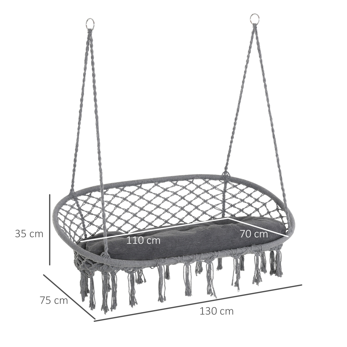 Outsunny Large Macramé Hanging Hammock Chair with Metal Frame – Two-Seater Boho Swing, Dark Grey