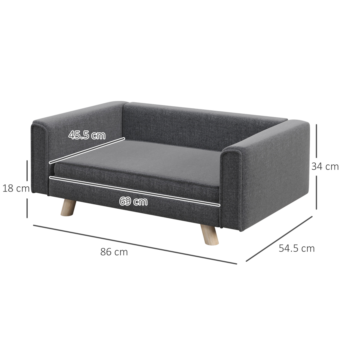 PawHut Elevated Dog Sofa Bed with Washable Cushion & Wooden Legs – Grey, Small & Medium Dogs