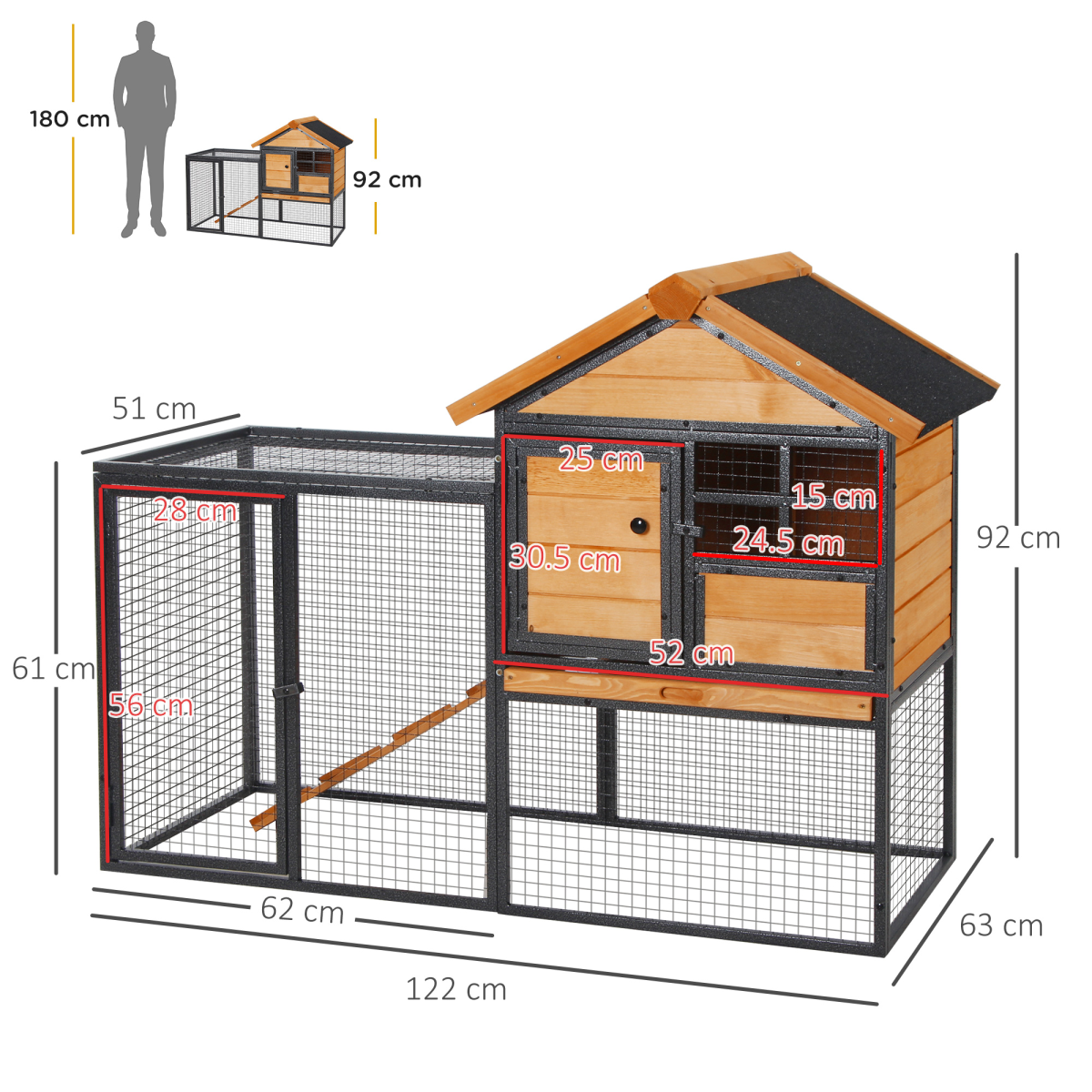 PawHut Wood-Metal Rabbit Hutch with Run, Ramp & Pull-Out Tray – Elevated Outdoor Pet House, 122 x 63 x 92 cm