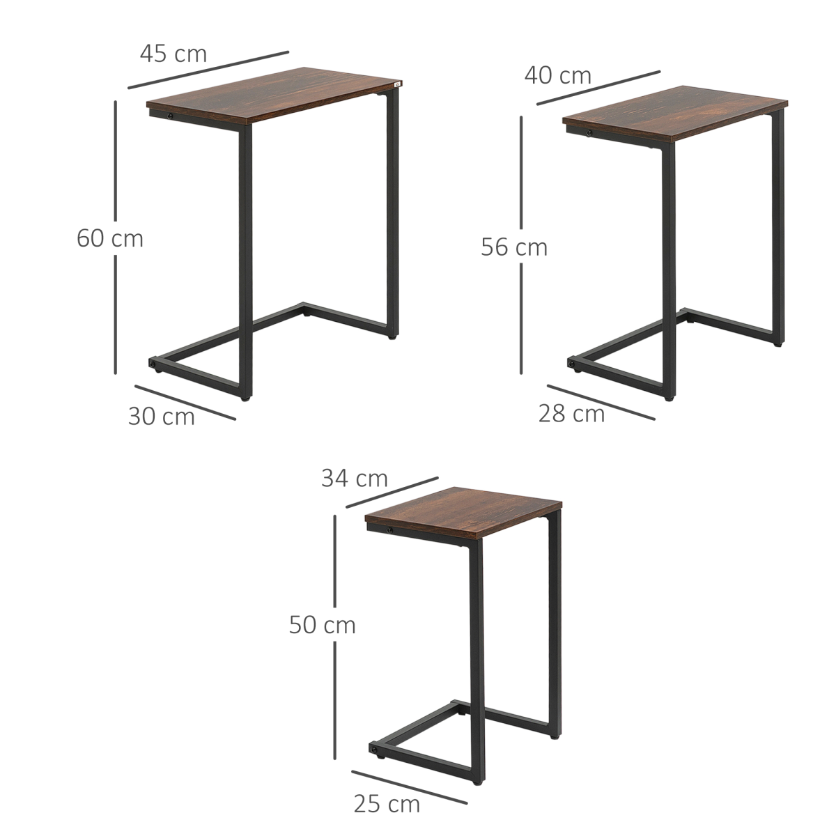 HOMCOM C-Shaped Nesting Tables Set of 3 with Steel Frame – Industrial Sofa Side Tables, Rustic Brown