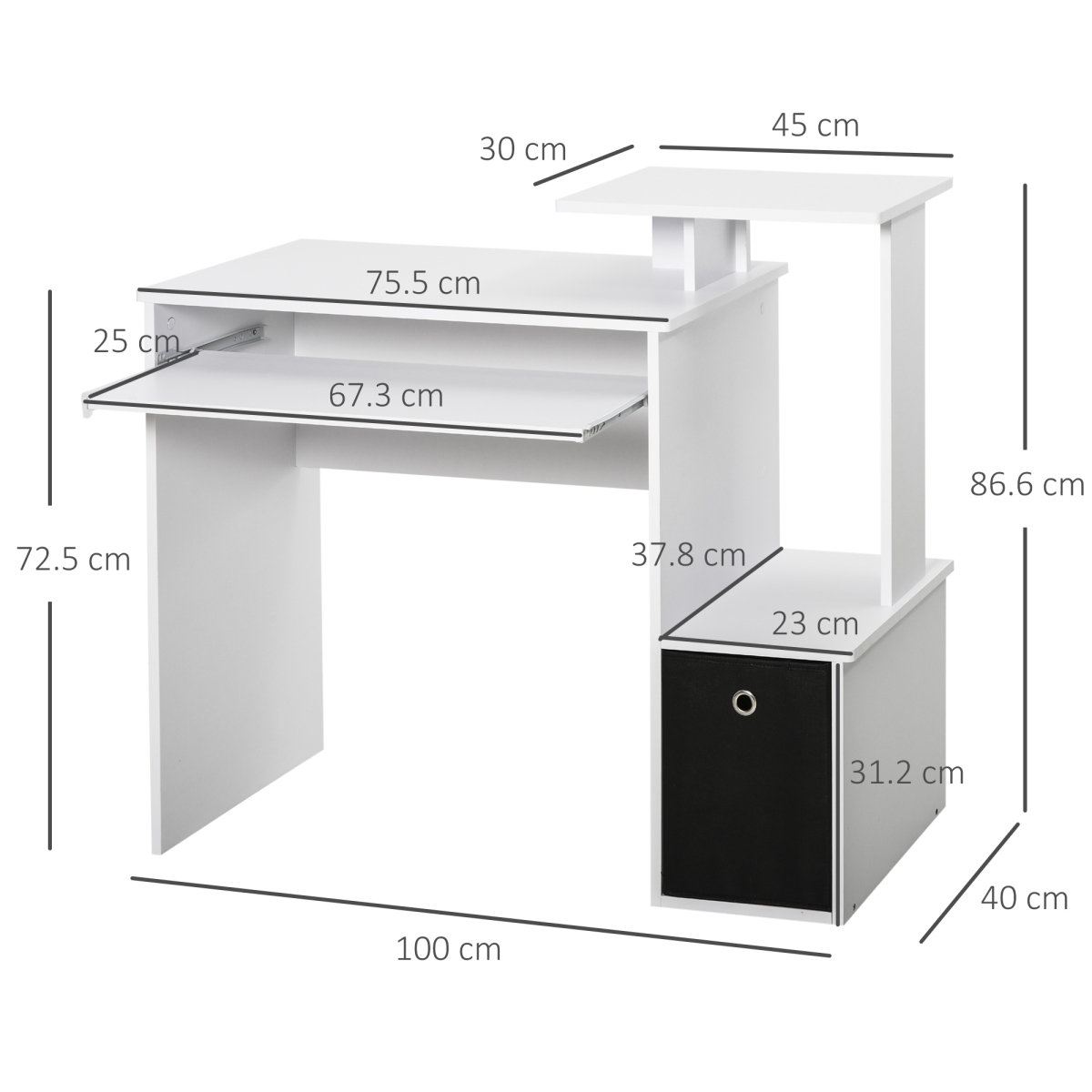 HOMCOM Computer Desk with Sliding Keyboard Tray, Drawer and Shelf – Compact Home Office Workstation, White