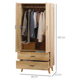 HOMCOM Modern 2-Door Wardrobe with 2 Drawers & Hanging Rail – Natural Bedroom Storage