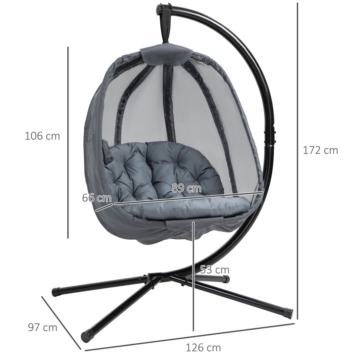Outsunny Folding Hanging Egg Chair with Cushion, Stand & Pocket – Indoor Outdoor Swing Seat, Grey