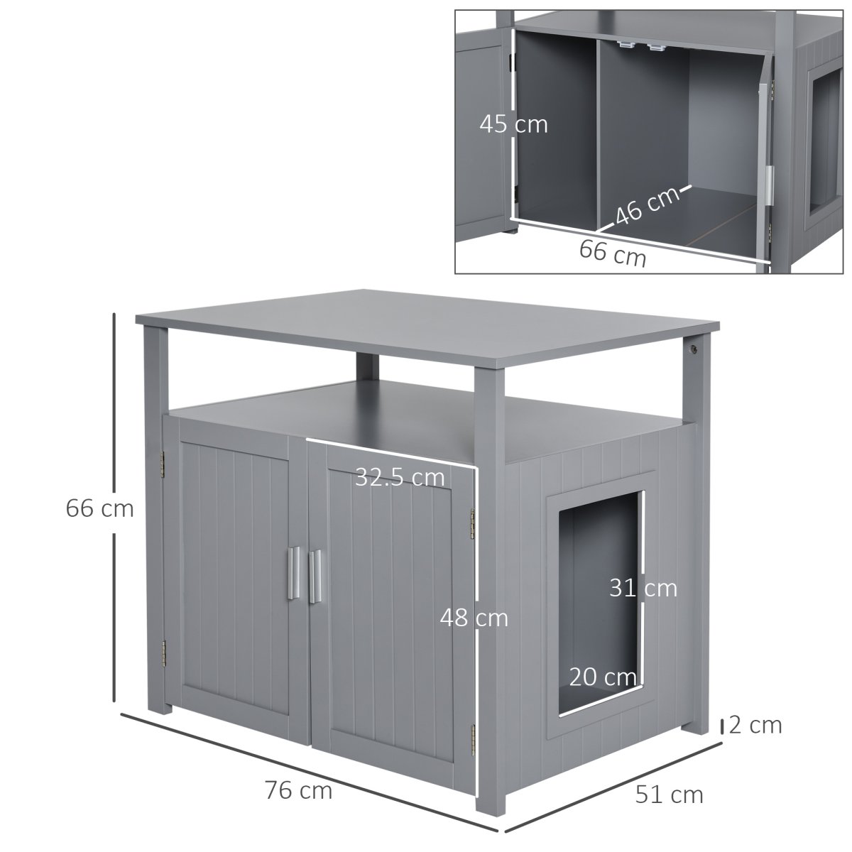 Pawhut Wooden Cat Litter Box Enclosure with Shelves and Magnetic Door – Cat House Furniture, Grey