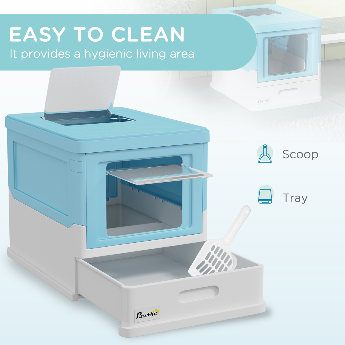 PawHut Hooded Cat Litter Box with Top Exit, Scoop & Removable Tray – Enclosed Pet Toilet, Light Blue