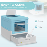 PawHut Hooded Cat Litter Box with Top Exit, Scoop & Removable Tray – Enclosed Pet Toilet, Light Blue