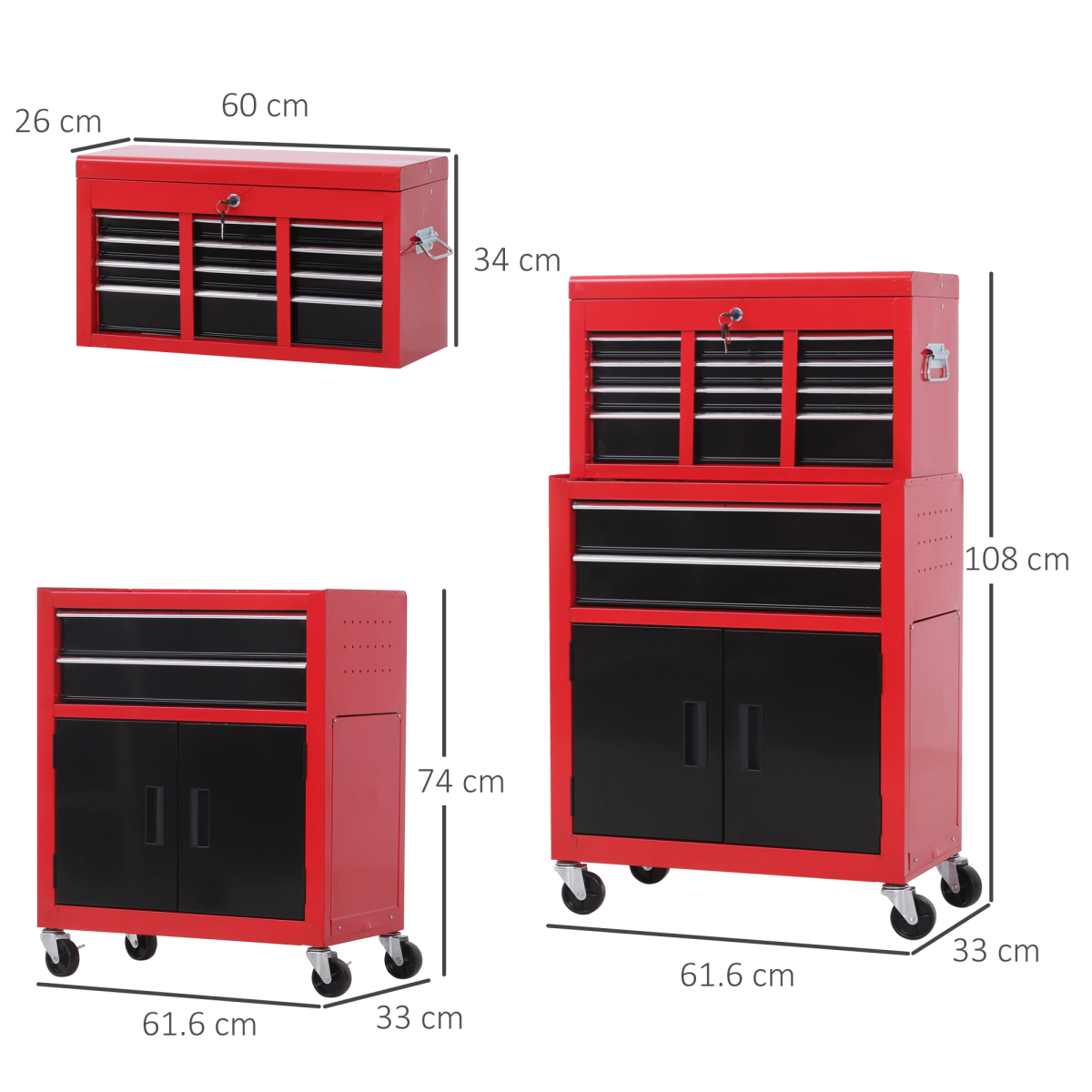 HOMCOM Portable Steel Tool Top Chest with Storage Drawers & Lift-Up Lid – Workshop Tool Storage, Red