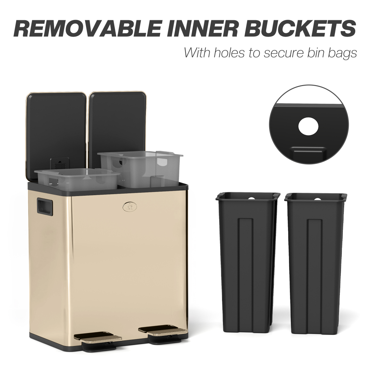 Dual Kitchen Pedal Bin with 2 x 20L Removable Buckets – Stainless Steel Recycling Bin, Gold Tone