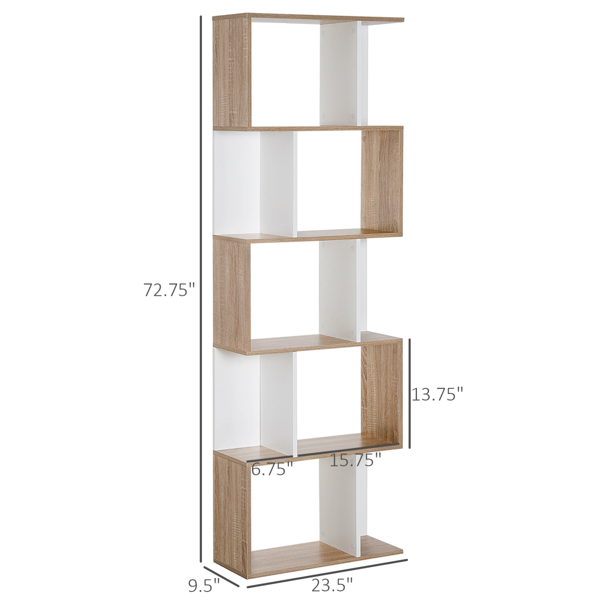 S-Shaped 5-Tier Bookcase – Modern Open-Back Shelf and Room Divider with Anti-Fall Hardware, White