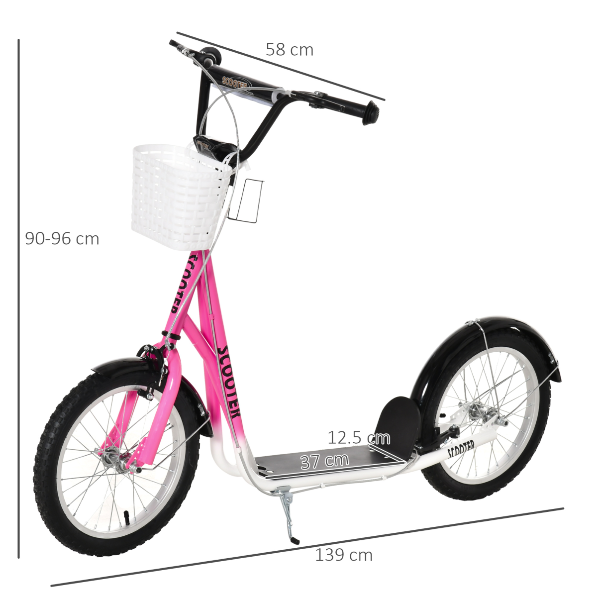 HOMCOM Kids Kick Scooter with Adjustable Handlebar, Dual Brakes & Basket – Big Wheel Scooter for Ages 5-12