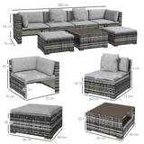 Outsunny 7-Piece Rattan Garden Furniture Set with Lift-Up Storage Shelves, Glass-Top Coffee Table & Stools – Patio Sofa Set, Mixed Grey