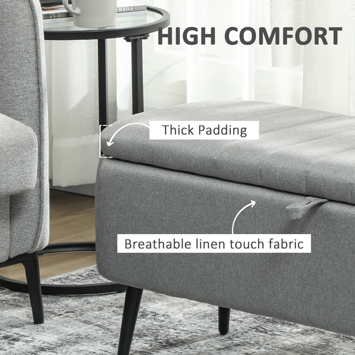 Storage Ottoman Bench with Padded Lid & Steel Legs – 102cm Linen-Touch Footstool with Hidden Storage, Dark Blue
