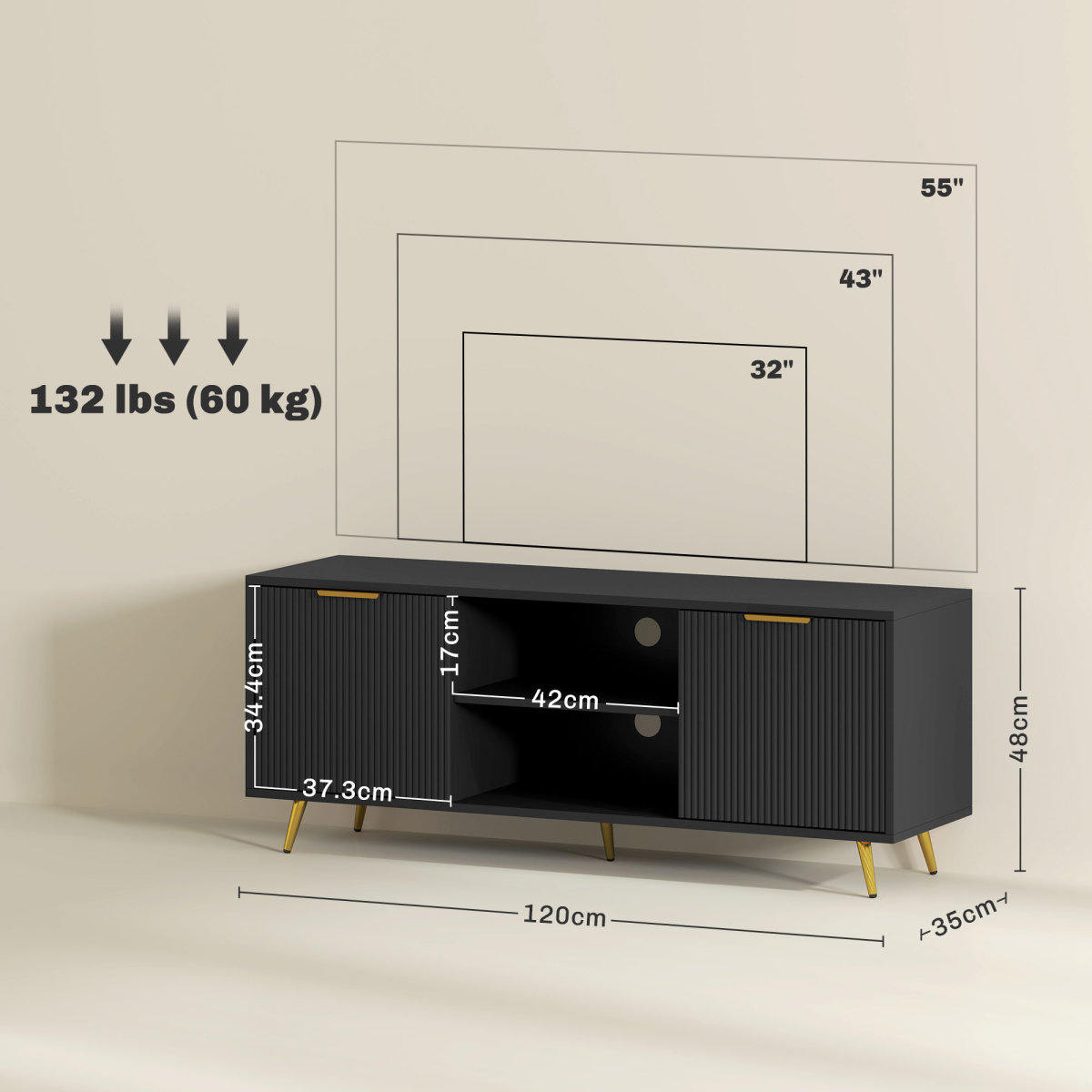 HOMCOM Modern Beadboard TV Stand Cabinet with Enclosed & Open Storage, Cable Management – Black