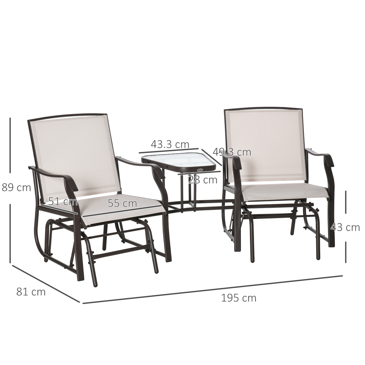 Outsunny Double Glider Rocking Loveseat with Glass Middle Table & Textilene Mesh – Garden Seating, Beige