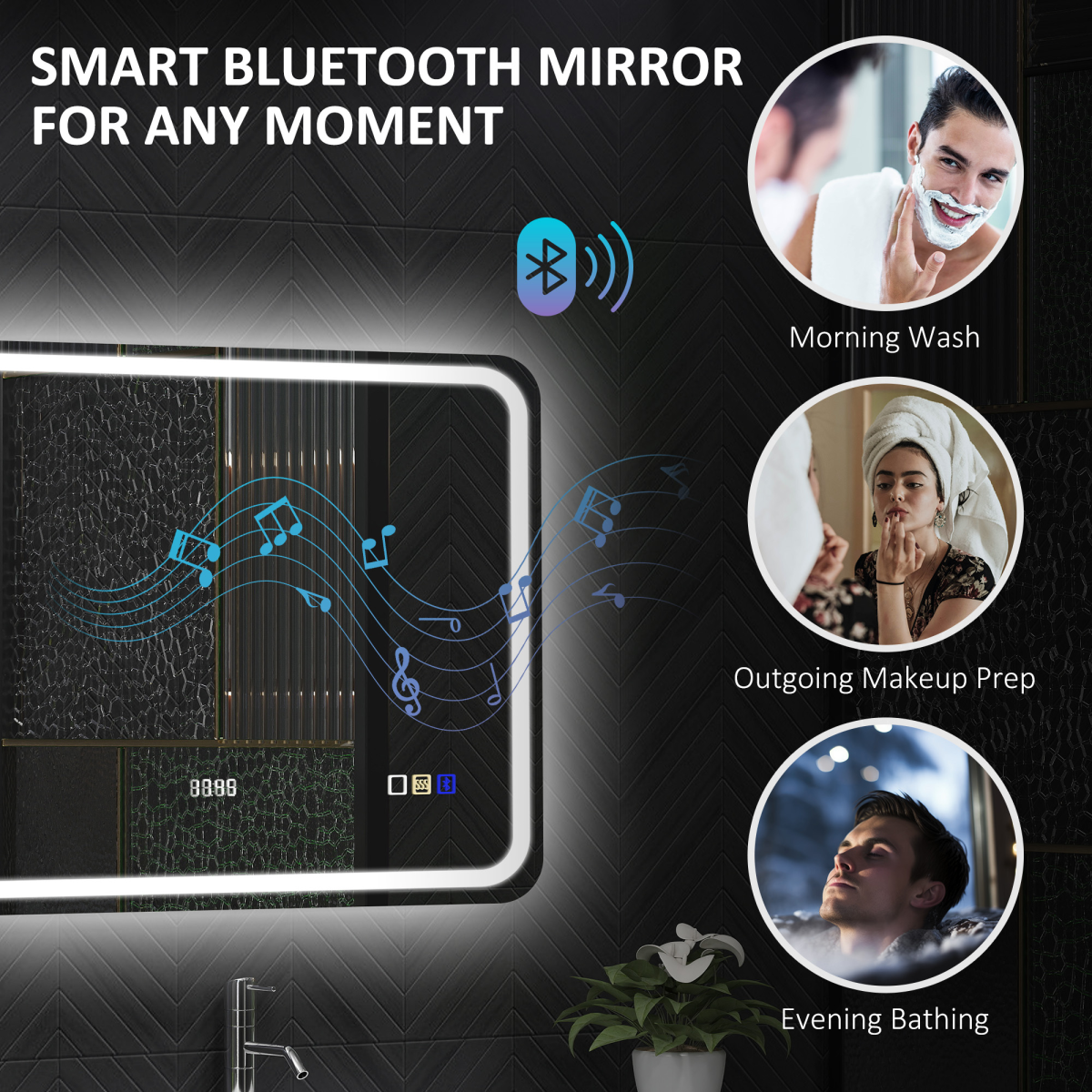 LED Bathroom Mirror 80 x 60cm with Bluetooth Speaker, Digital Clock & Demister – Horizontal Wall Mount