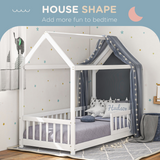 HOMCOM House-Shaped Kids Single Bed Frame with Safety Fence – Solid Pine, White